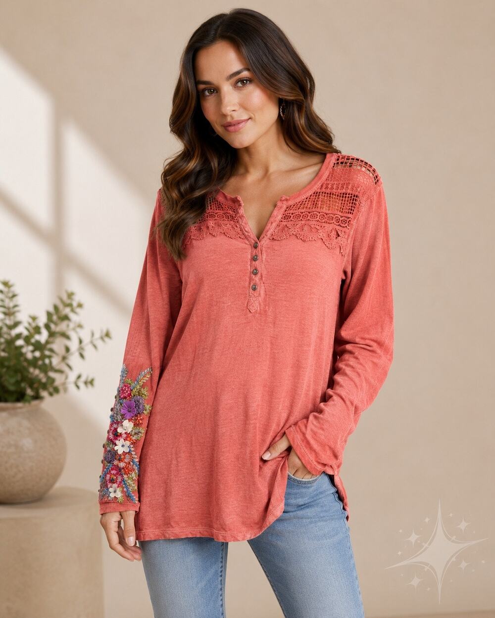 Aratta Silent Journey Embroidered Boho Tunic Top Pink Floral Lace Long Sleeve L